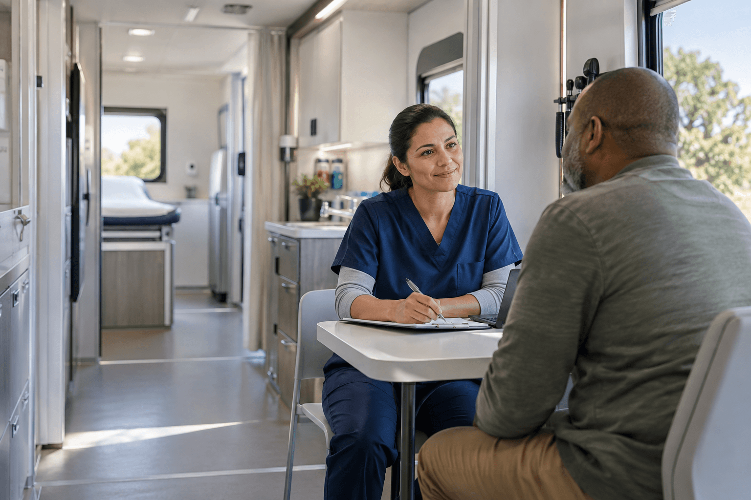 A healthcare worker listening to a patient inside a bright mobile clinic