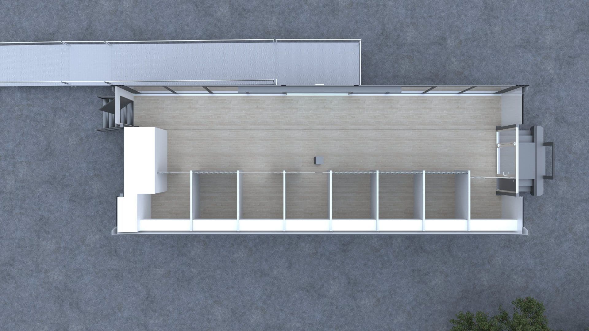 Brochure illustration of an expandable trailer layout viewed from above