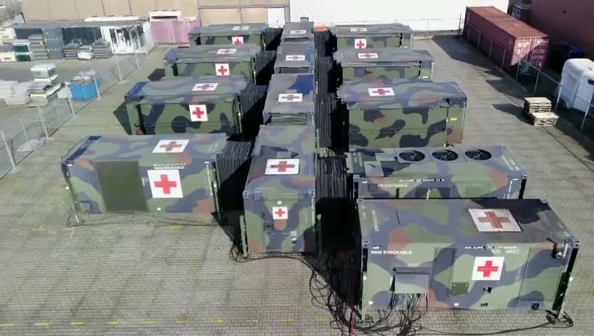 Aerial view along the field hospital’s central corridor