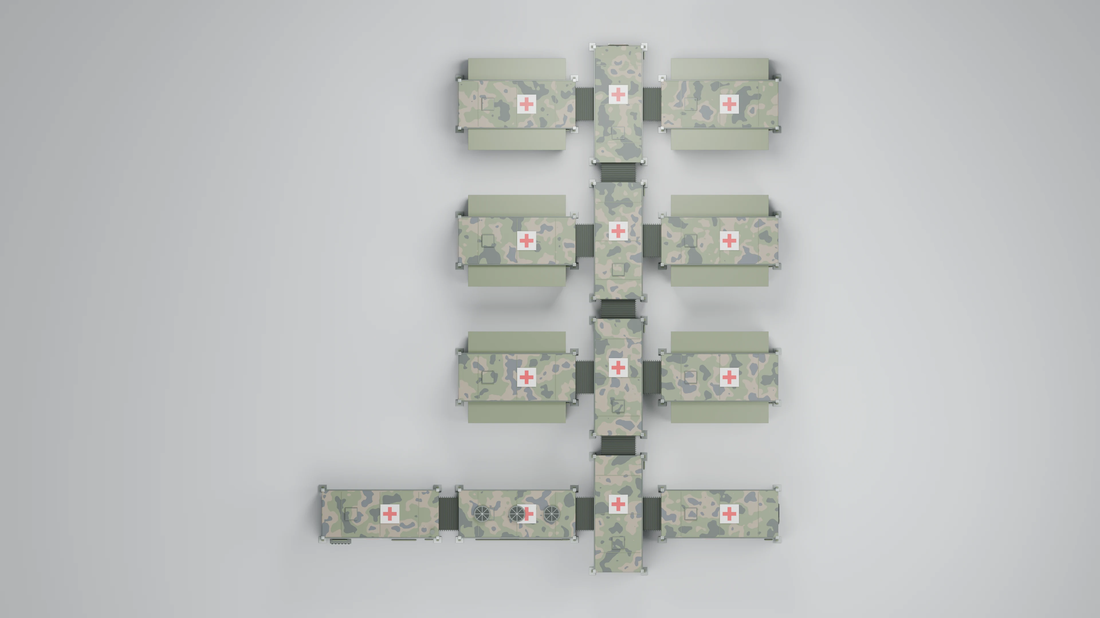 The core hospital. The layout from above. Illustrative 3D render.