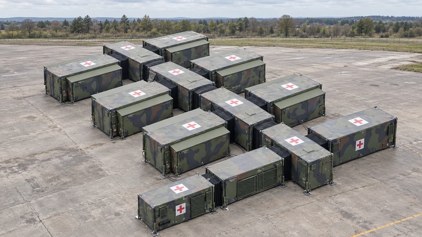 Photo-based visualisation of the connected field hospital on a concrete apron