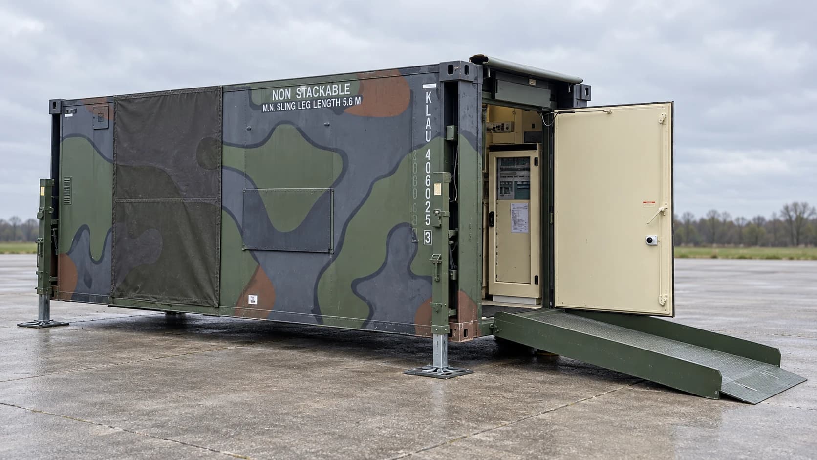 Photo-based visualisation of a camouflaged hospital shelter with open cream door, access ramp and stabilising legs