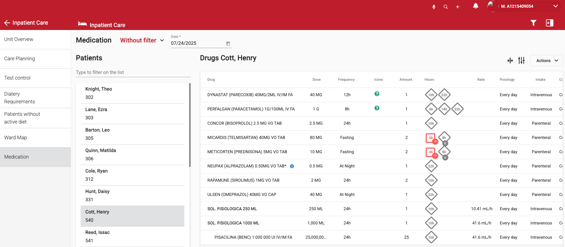 Medication chart in Vatoris EHR: each drug with its dose, frequency, route and administration times