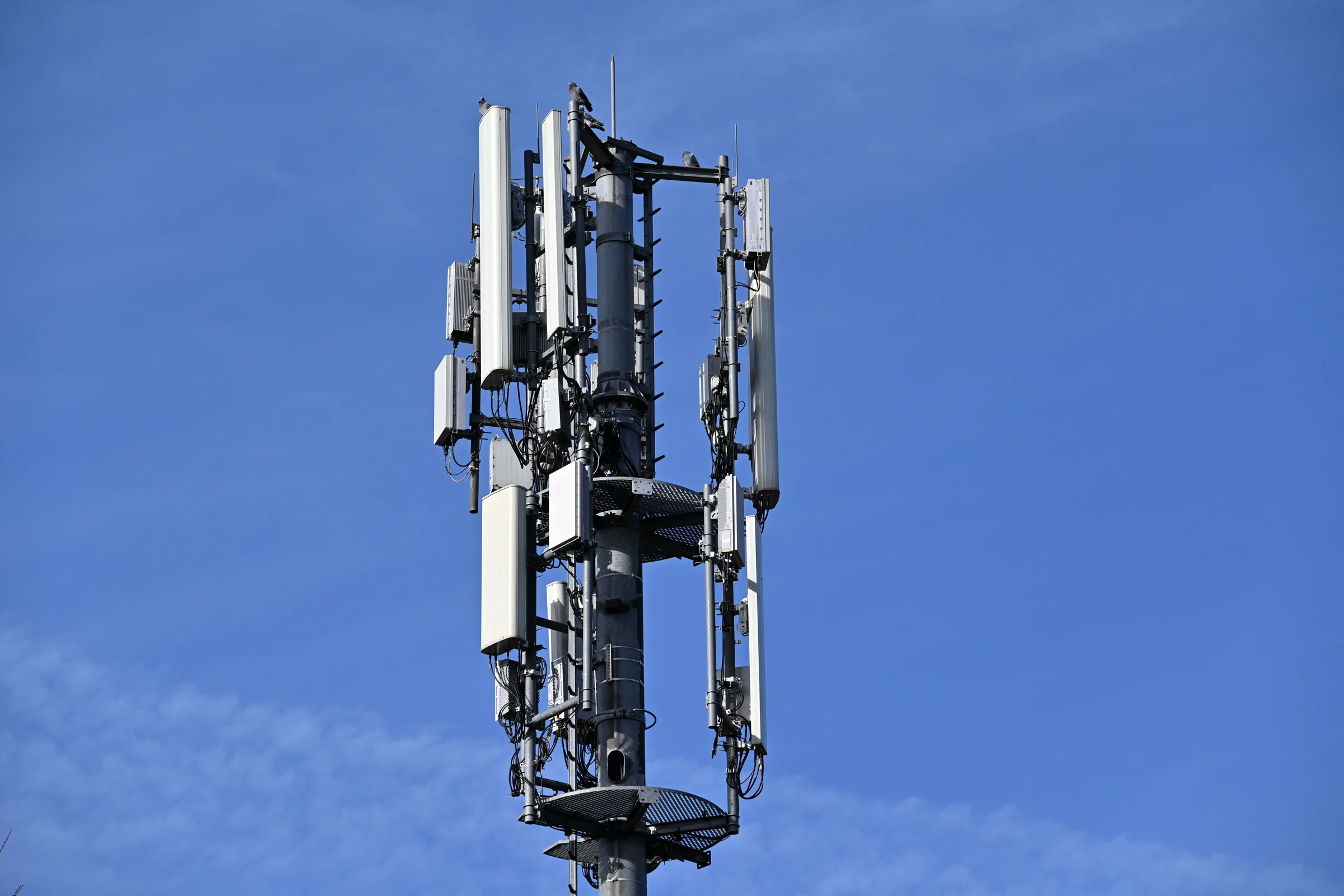 Cellular network antennas against a clear blue sky