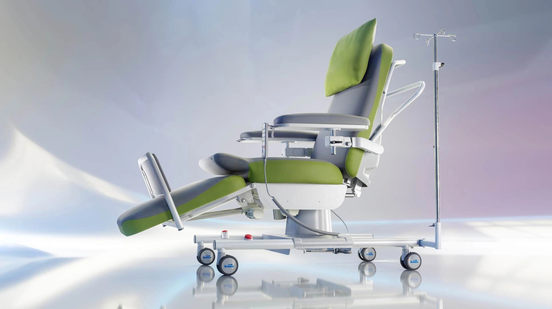 BIONIC ComfortLine3 reference chair with upright backrest, raised leg section, arm supports, handset and accessory pole.