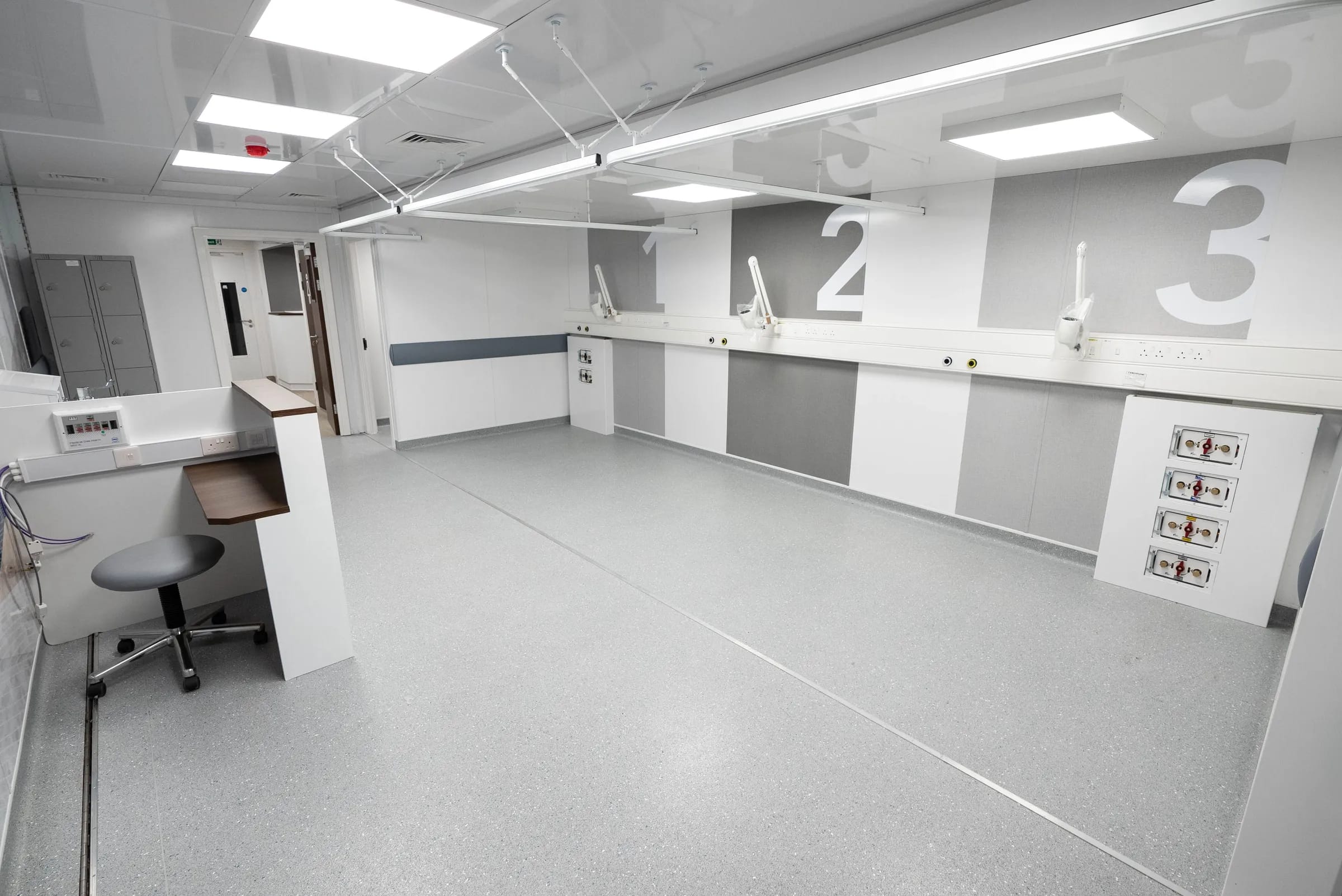 Recovery ward with three numbered bays, medical gas and nurse station