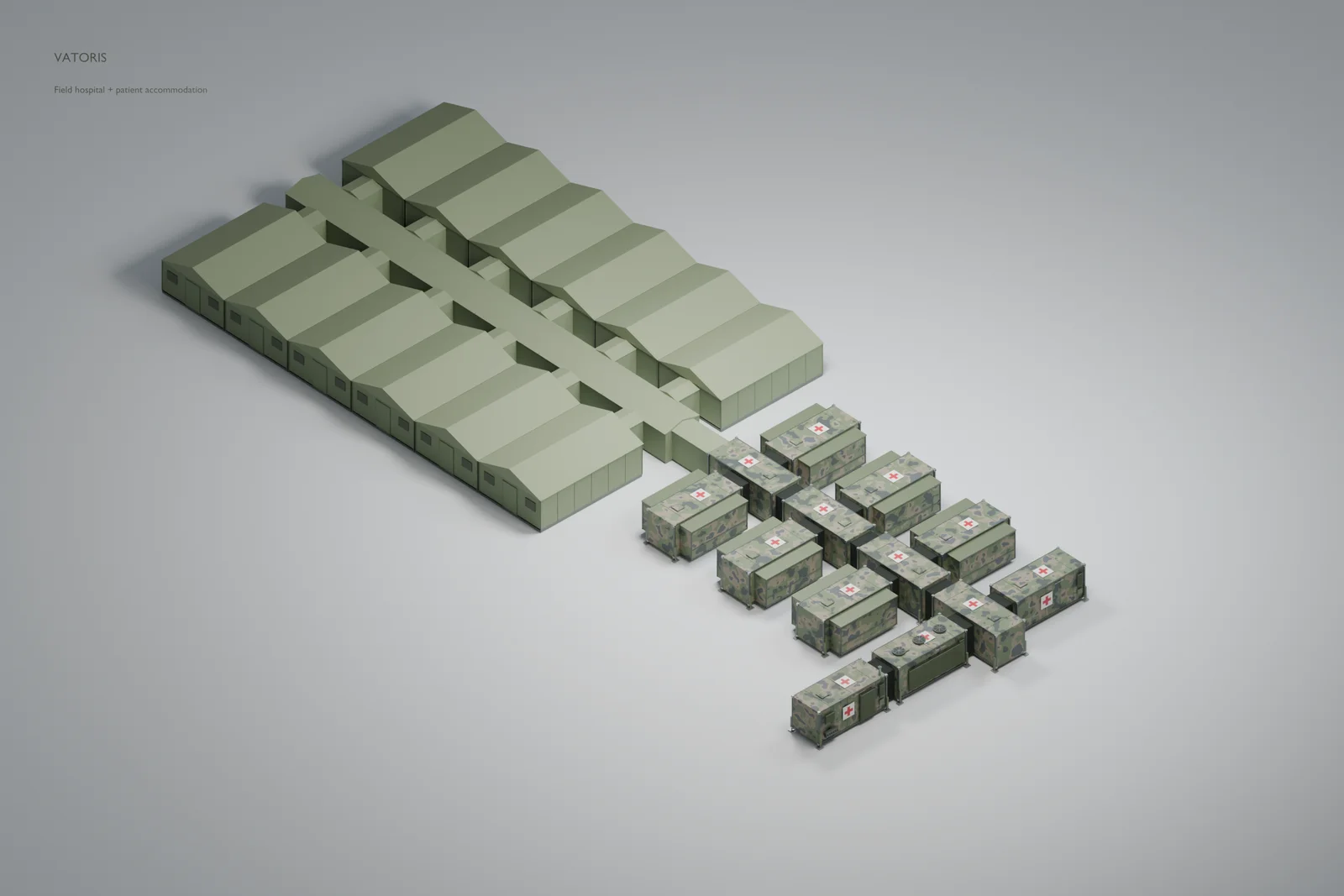Exterior concept of the thirteen-container hospital connected to twelve patient accommodation wards