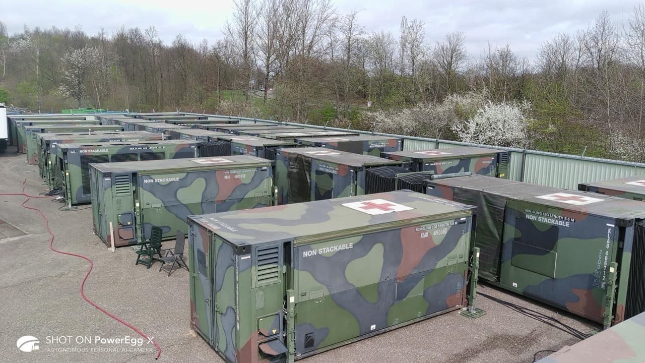 Elevated side view of hospital modules and their enclosed connections
