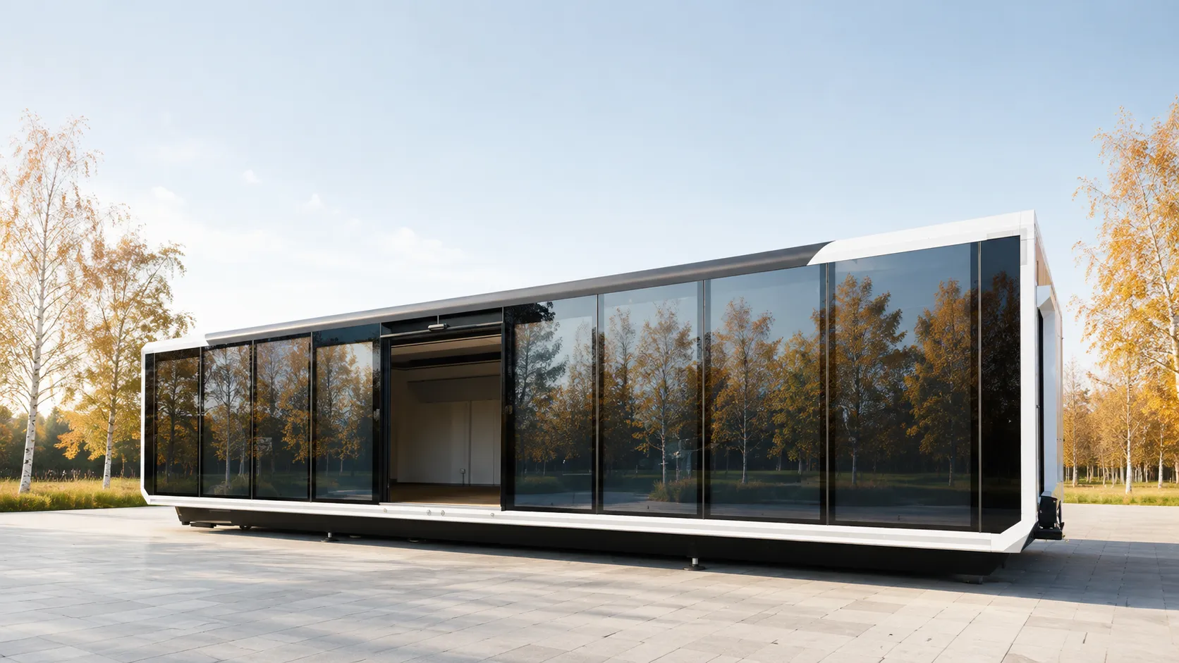 Visualization of a glass-fronted Vatoris unit among autumn trees, its door open