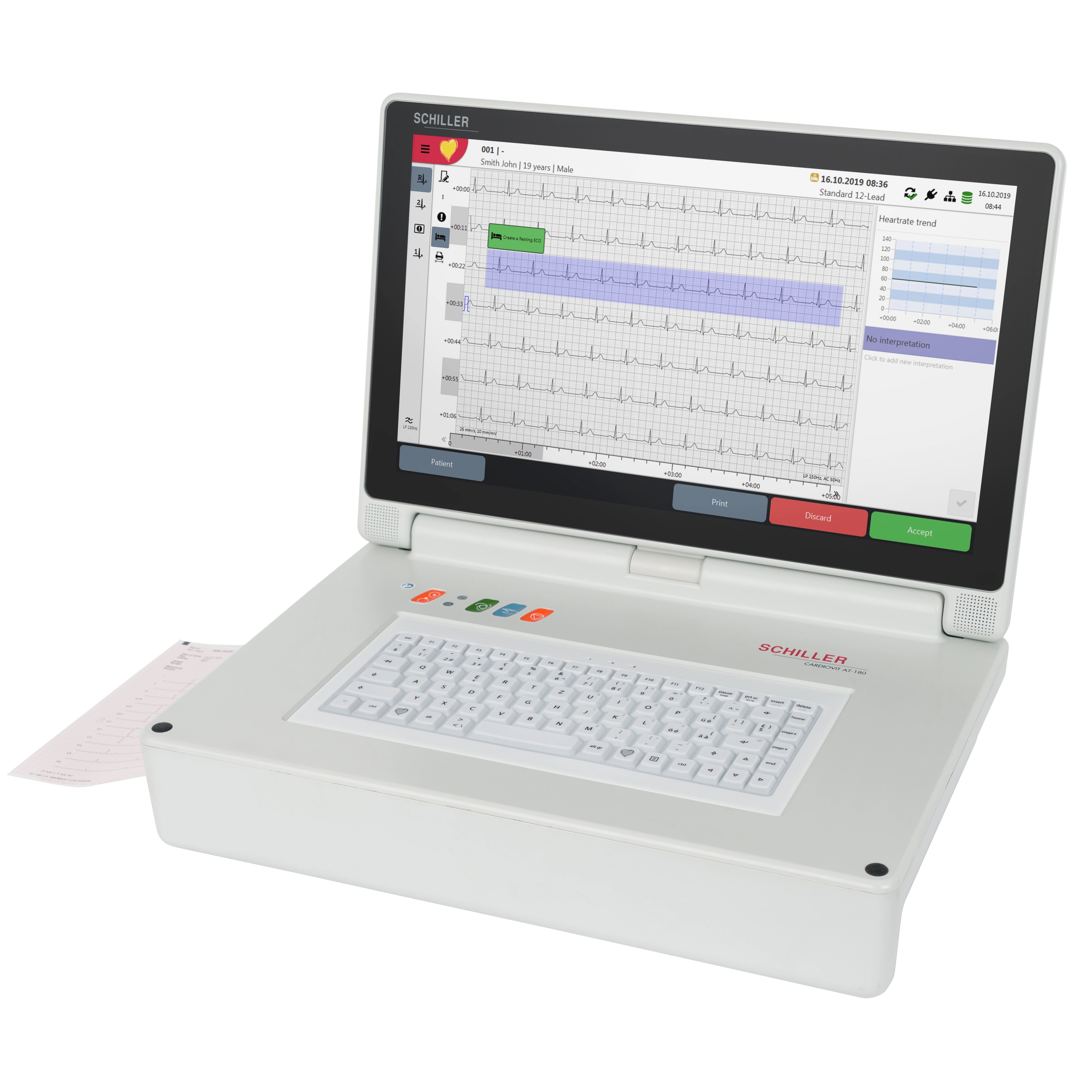 A SCHILLER CARDIOVIT AT-180 showing its complete screen, keyboard and paper ECG trace.