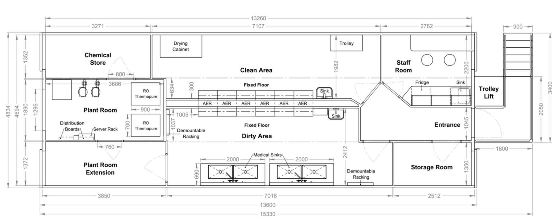 Decontamination XL floor plan showing clean and dirty areas, plant rooms, storage and staff room
