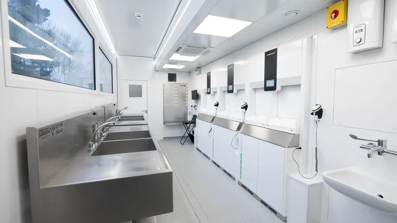 Decontamination XL interior with stainless-steel sinks and endoscope reprocessing equipment